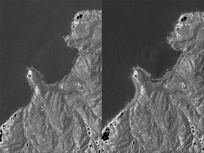 Một phần phía tây bán đảo Noto vào tháng 6/2023 (trái) và vào tháng 1/2024 (phải)