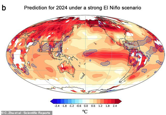 Bản đồ cho thấy sự thay đổi so với mức trung bình trong kịch bản El Nino mạnh.