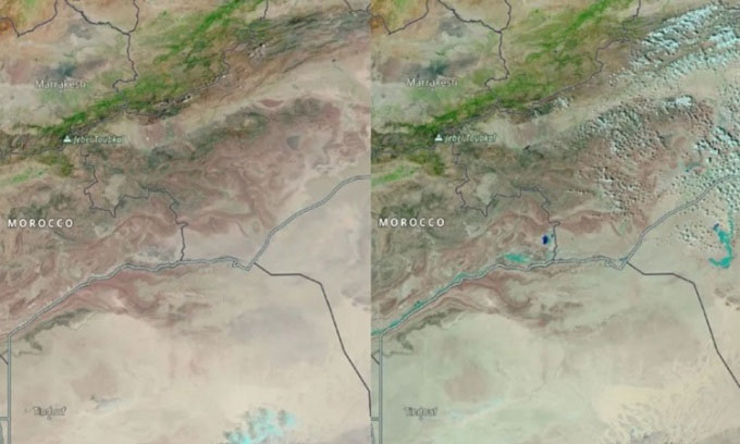 Ảnh vệ tinh sa mạc Sahara trước (ngày 22/8/2024, trái) và sau (ngày 10/9/2024, phải) đợt mưa.