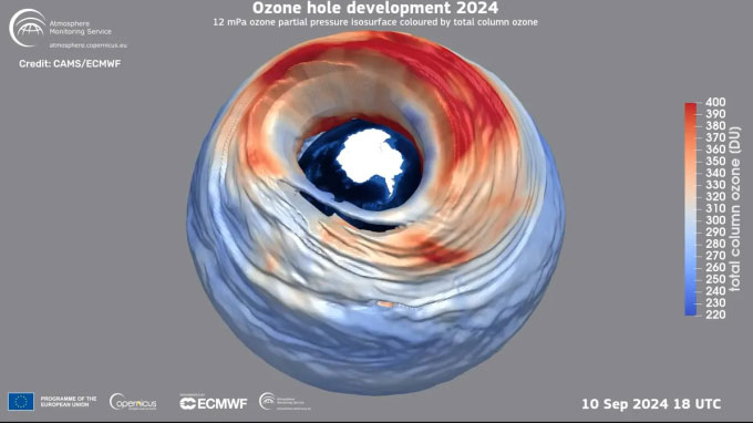 Bản đồ 3D về lỗ thủng tầng ozone vào ngày 10/9/2024.