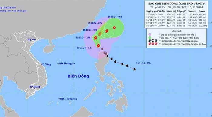 Hướng di chuyển của bão Usagi sáng 15-11-2024