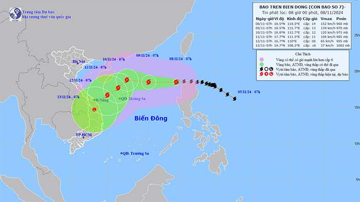 Dự báo đường đi và khu vực đổ bộ của bão số 7.