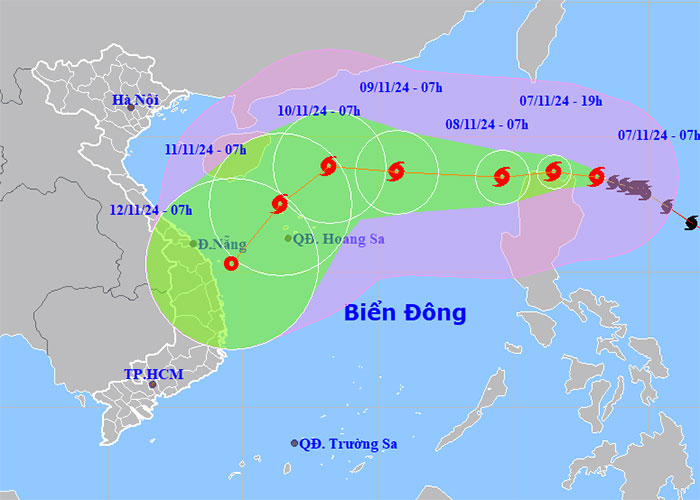 Dự báo hướng đi và phạm vi ảnh hưởng của bão Yinxing sáng 7/11.