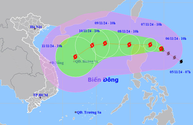 Dự báo đường đi và khu vực ảnh hưởng của bão Yinxing ngày 6/11.